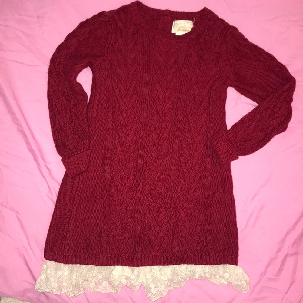 Cable knit sweater dress with lace detail